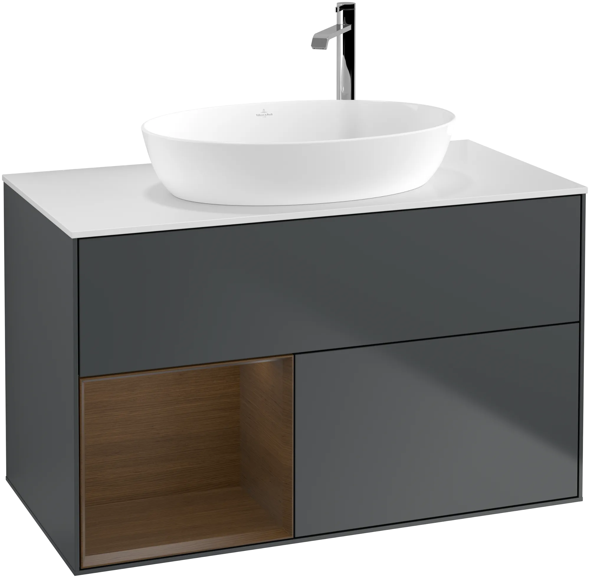 Villeroy & Boch Waschbeckenunterschrank Finion F89, Midnight Blue Matt Lacquer / Walnut Veneer / Glass White Matt