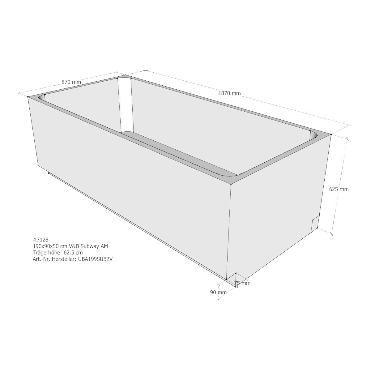 Set-Badewanne 190 x 90 cm aus Acryl „Subway“ Villeroy & Boch mit Träger und Viega Ablauf