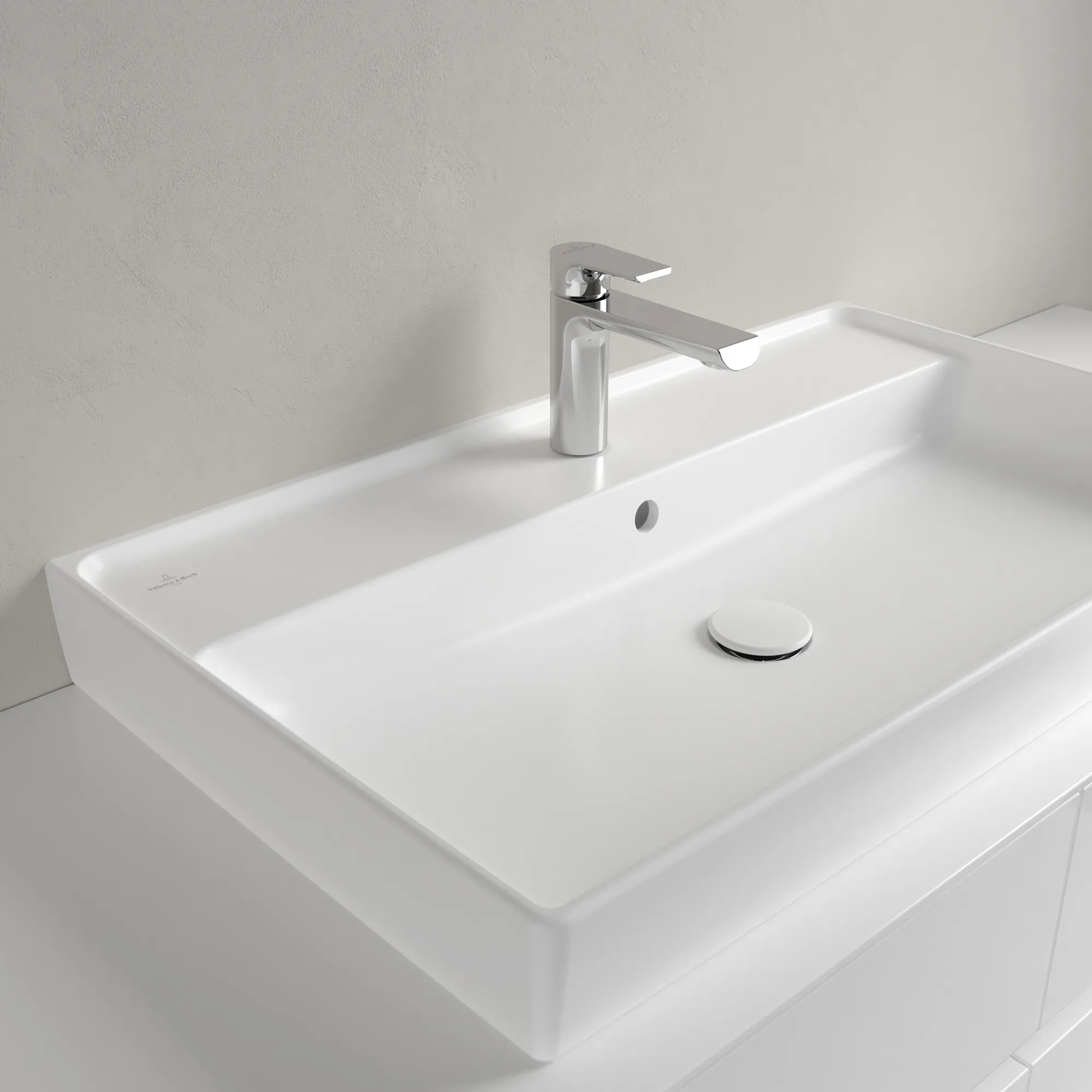 Villeroy & Boch Schrankwaschtisch aus TitanCeram geschliffen „Collaro“ 800 × 465 × 160 mm, mit Hahnlochbohrung, Hahnlochposition mittig in Stone White