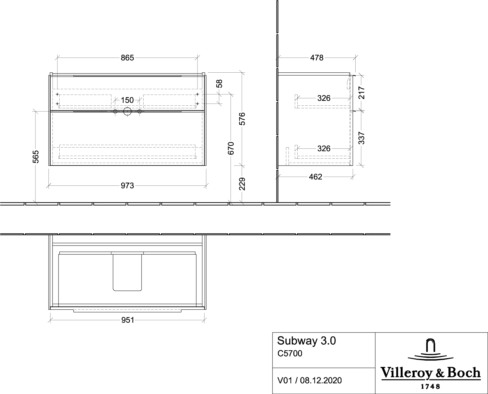 Villeroy & Boch Subway 3.0 Waschbeckenunterschrank C57000, 973 x 576 x 478 mm, Kansas Oak