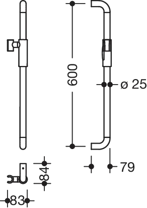 Brausehalterstange, Edelstahl, pulverbeschichtet, Achsmaß 600 mm, 79 mm tief, Durchmesser 25 mm, mit magnetischem Brausehalter, in Farbe CV (Schwarz tiefmatt-Schwarz matt (90))