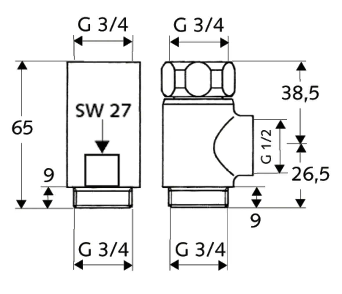 T- und Distanzstück, Überwurfmutter DN 20 G 3/4 IG, DN 20 G 3/4 IG, 2x DN 20 G 3/4 AG (unten), DN 20 G 3/4 AG, DN 20 G 1/2 IG (rechts), chrom
