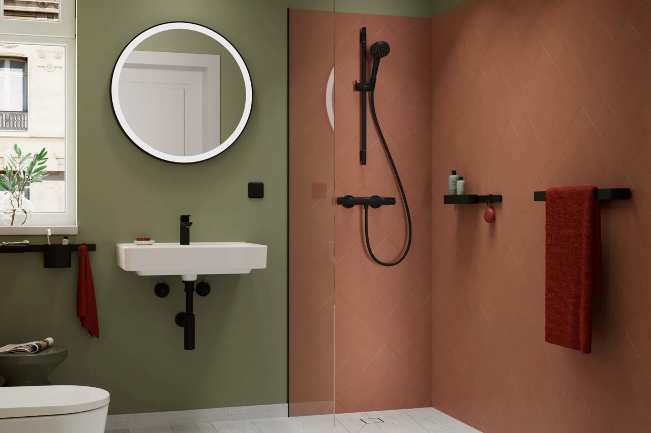 Hansgrohe Xarita Lite S Spiegel mit runder LED-Beleuchtung, mattschwarz, Maße 700 x 700 x 30 mm