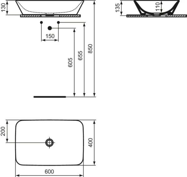 Ideal Standard Connect Air Schale, rechteckig, weiß (Alpin), 600x400x135 mm, ohne Hahnloch, ohne Überlauf