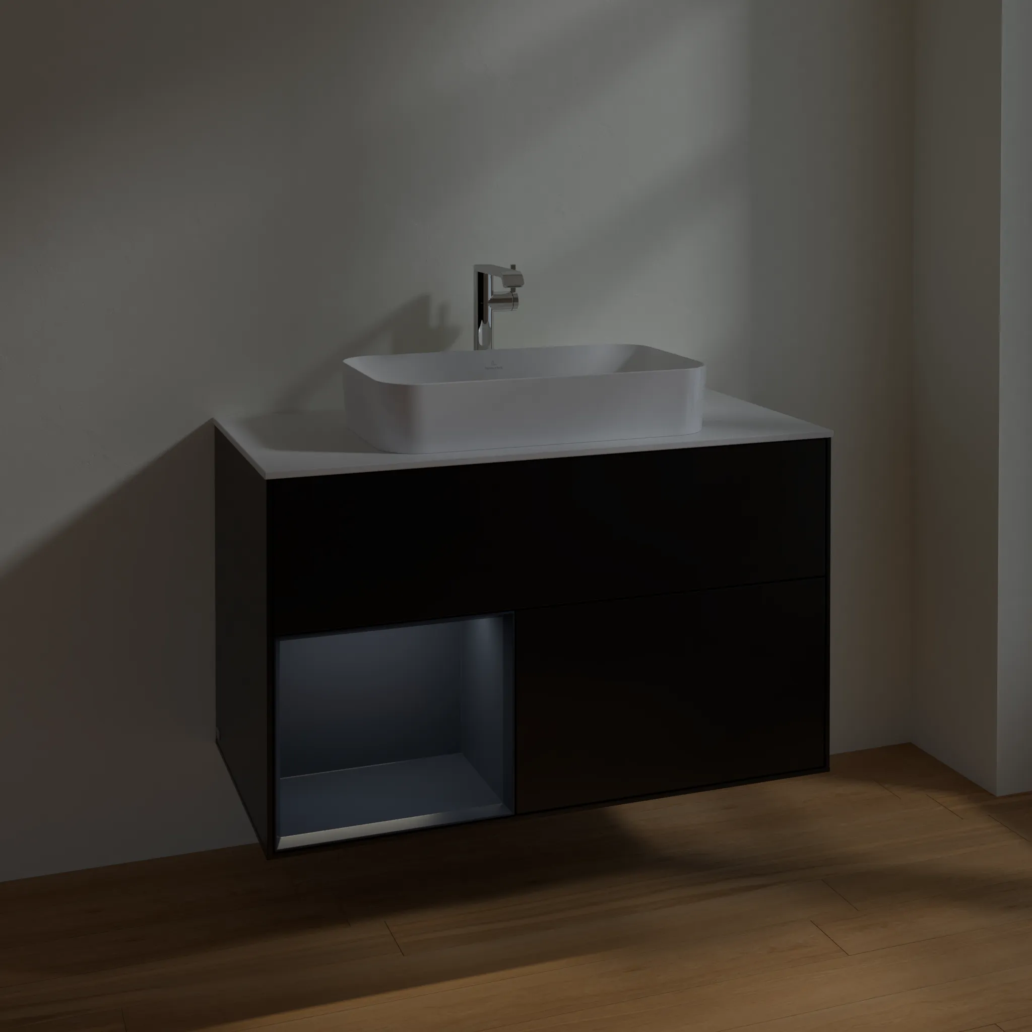 Villeroy & Boch Waschbeckenunterschrank Finion F24, 1000x603x501 mm, Black Matt Lacquer / Midnight Blue Matt Lacquer, mit Beleuchtung und Push-to-open Funktion