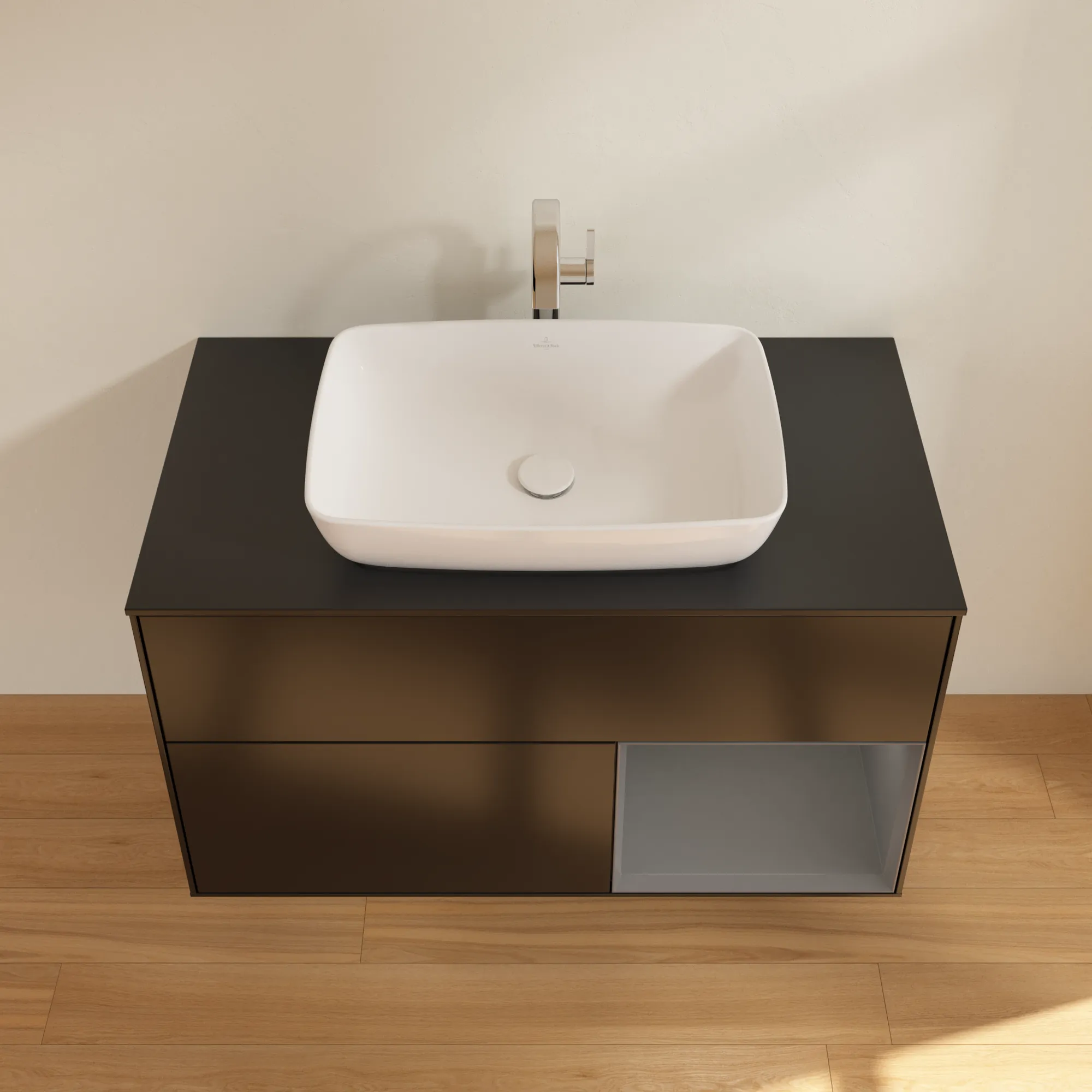 Villeroy & Boch Waschbeckenunterschrank Finion F78, 1000 x 603 x 501 mm, Black Matt Lacquer, mit Beleuchtung und Push-to-open Funktion