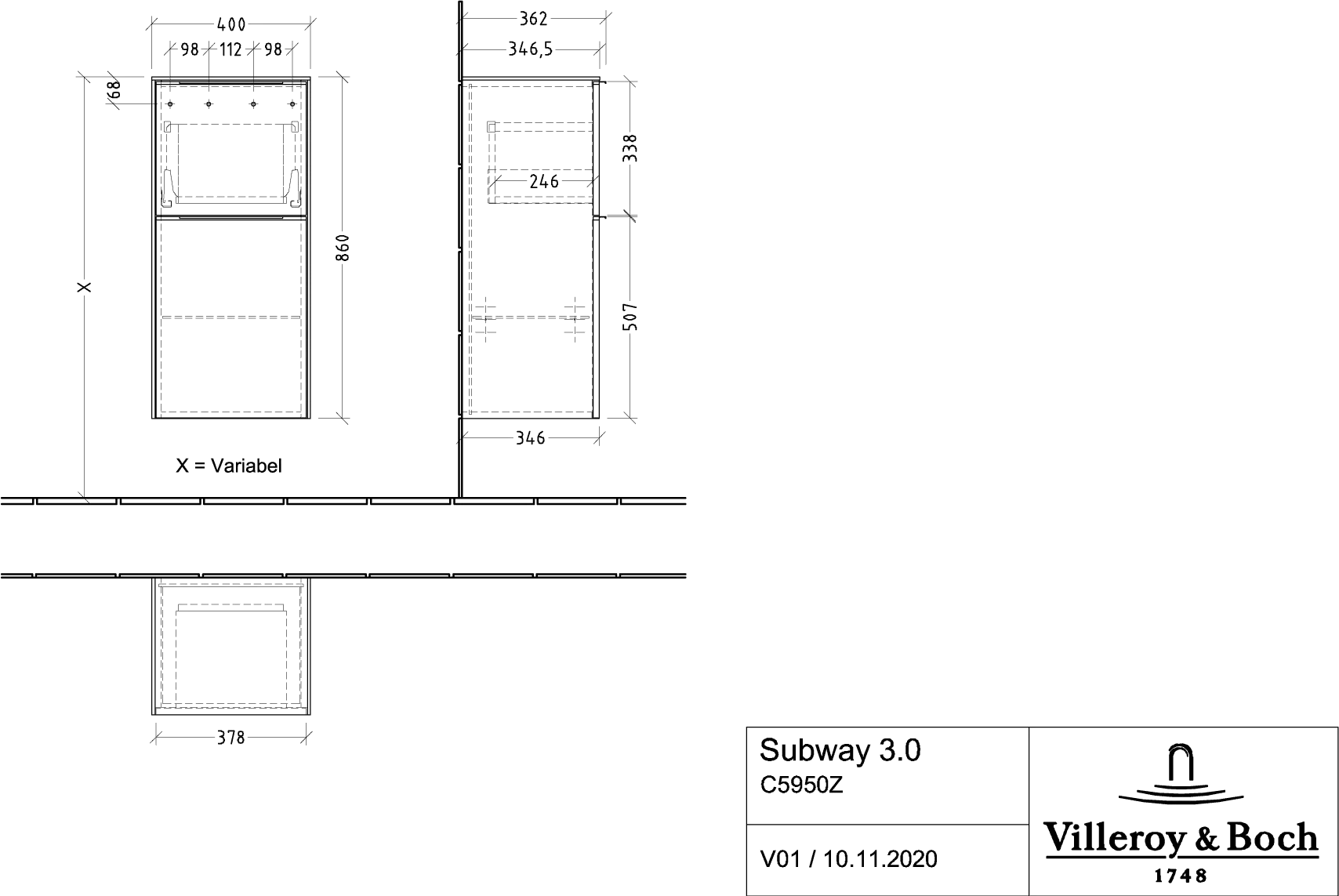 Villeroy & Boch Subway 3.0 Seitenschrank C59500, 400 x 860 x 362 mm, Eckig, Wandhängend, Anschlag (Scharnier) rechts, VM Taupe
