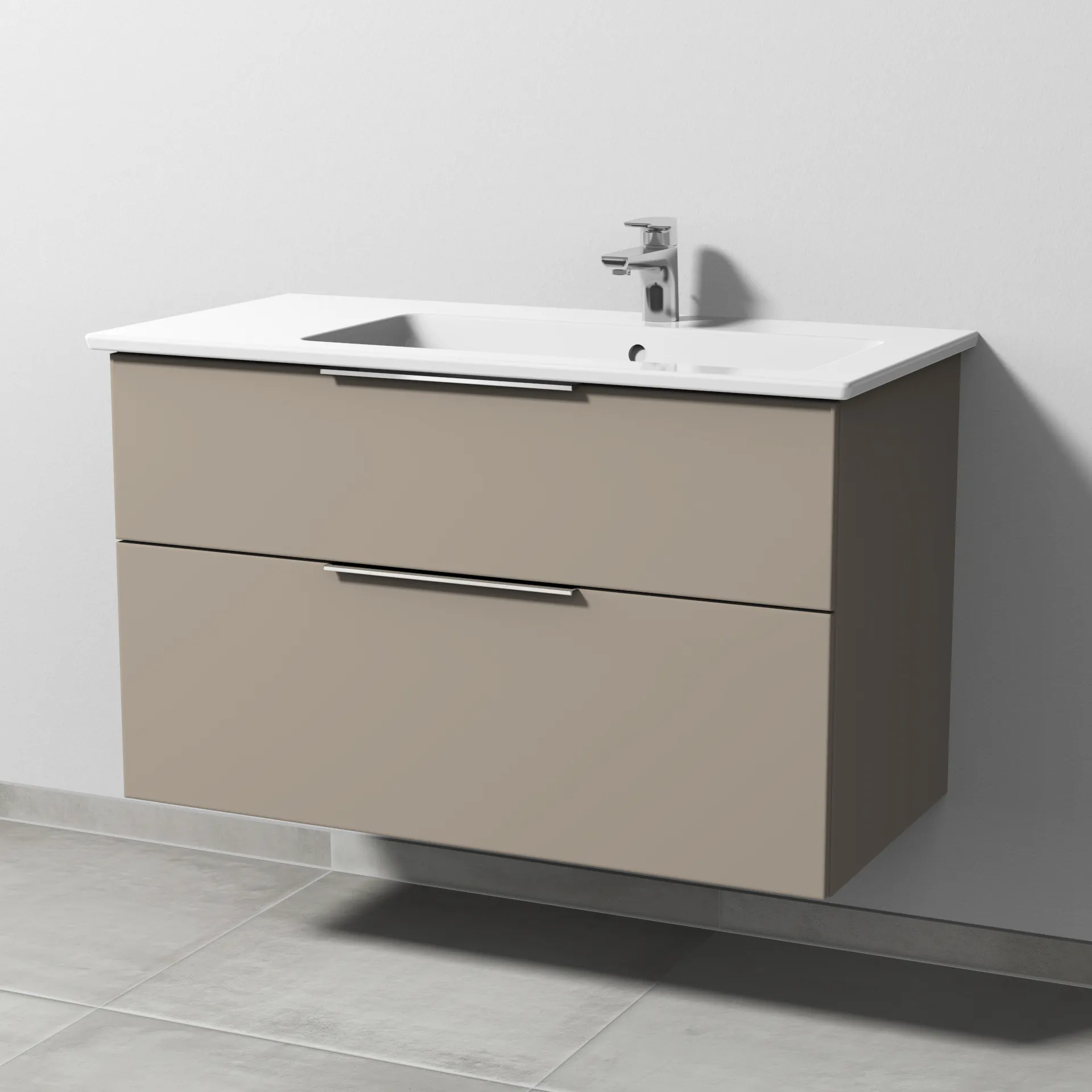 Sanipa Keramik-Waschtisch-Set mit Waschtischunterschrank „3way“ 95,5 × 47,7 × 59,1 cm in Sandgrau (matt), rechts