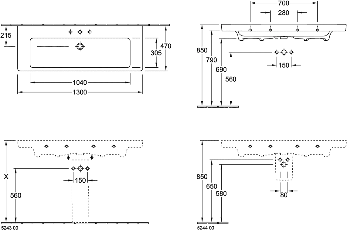 Wandwaschtisch „Subway 2.0“ 130 × 47 × 16 cm, mittig, mit Hahnlochbank, mit Hahnlochbohrung, Hahnlochposition mittig