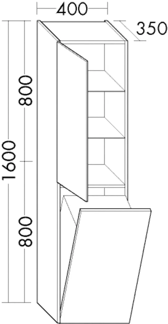 Hochschrank, 1 Tür;2 Glaseinlegeböden;1 fester Boden;1 Wäschekippe, Wäschekorb: 470 mm hoch, Tiefe: 350 mm, Breite: 400 mm, Höhe: 1600 mm