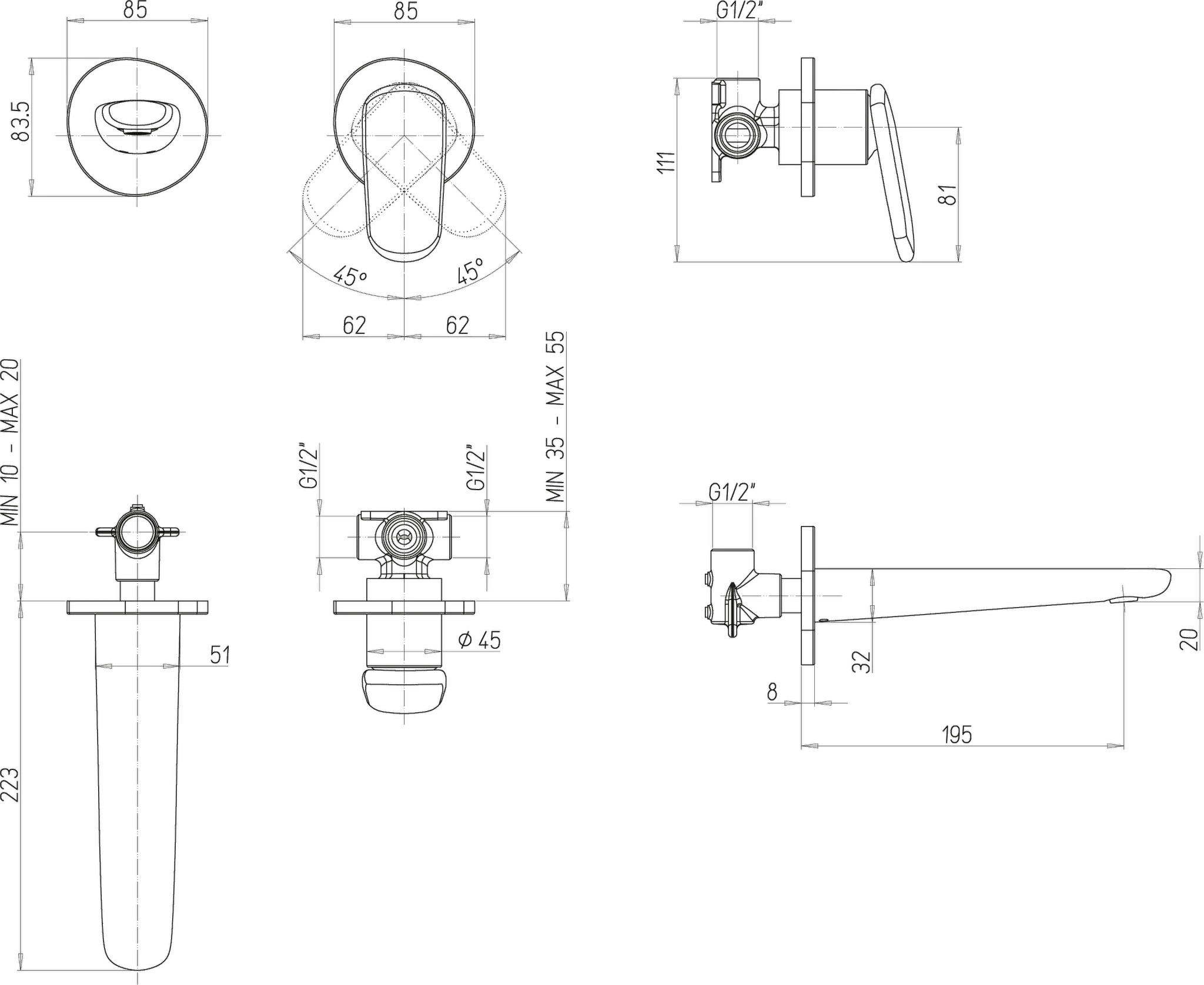Zweihand-Waschtischarmatur „Antao“ 22,3 cm Ausladung 195 mm in Chrom