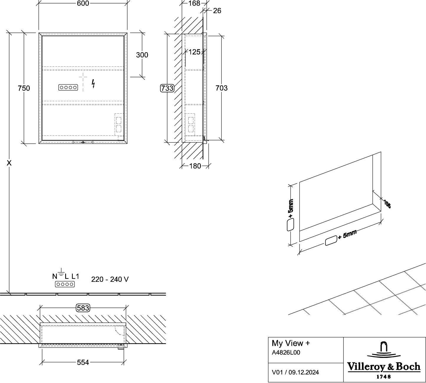 Villeroy & Boch Einbau-Spiegelschrank My View+ A4826L, 600 x 750 x 168 mm Villeroy & Boch Einbau-Spiegelschrank My View+ A4826L, 600 x 750 x 168 mm