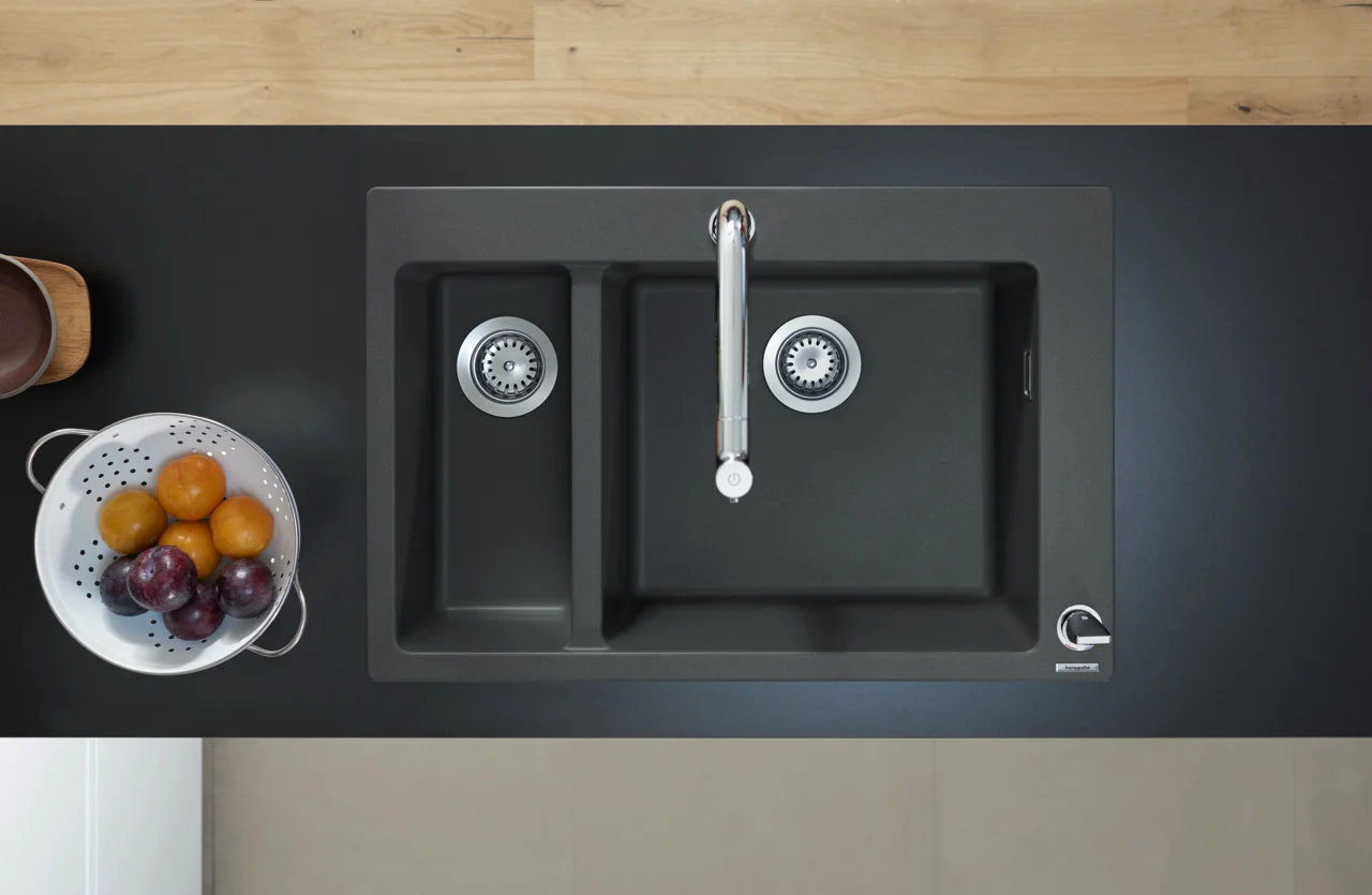 Hansgrohe Einbauspüle S51 Serie, Graphitschwarz, 750 x 490 mm Ausschnitt, Aufbau, 80 cm Unterschrank, 1 Hauptbecken + 1 Zusatzbecken