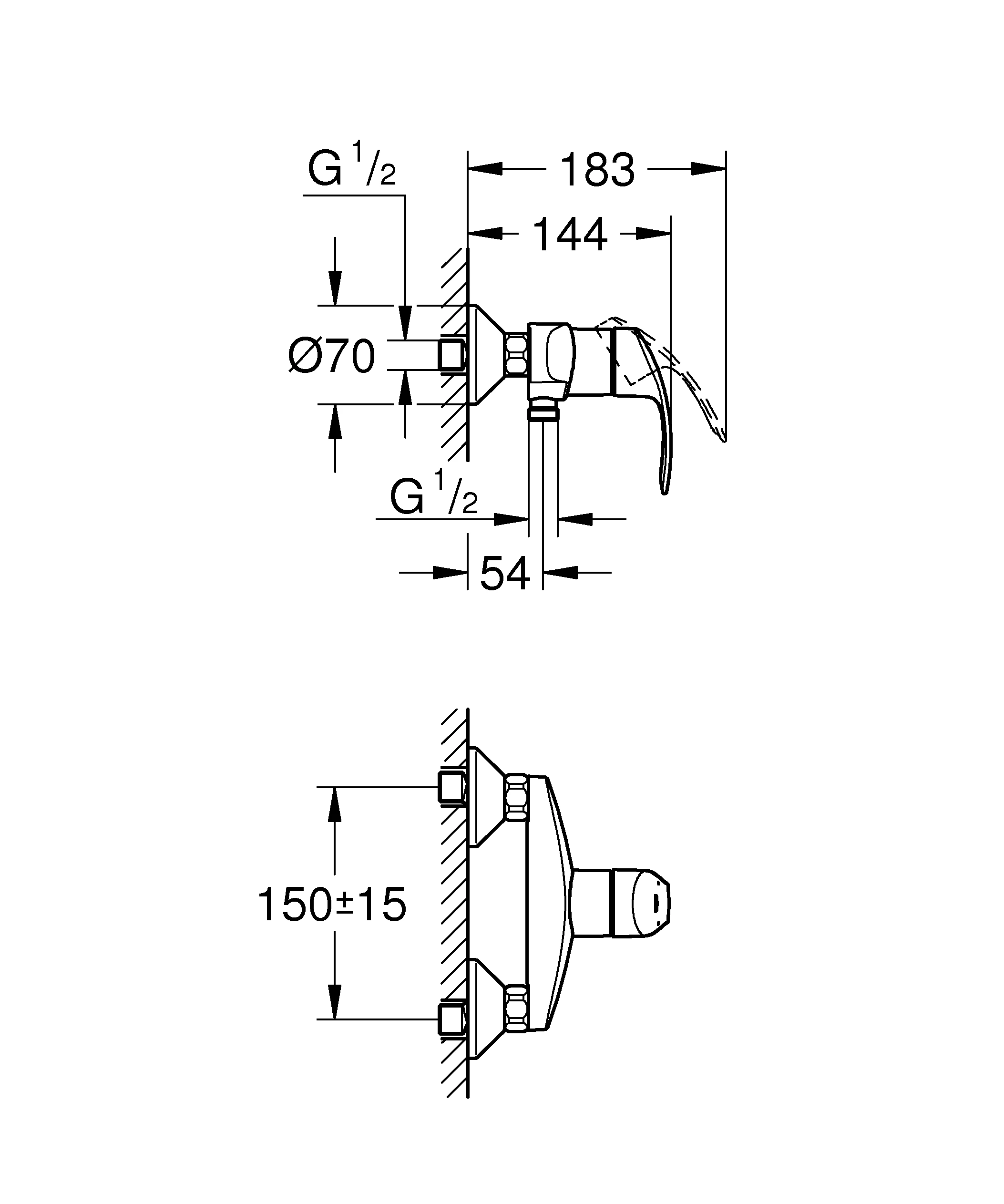 Einhand-Brausebatterie Eurosmart 33555_2, Wandmontage, eigensicher, chrom