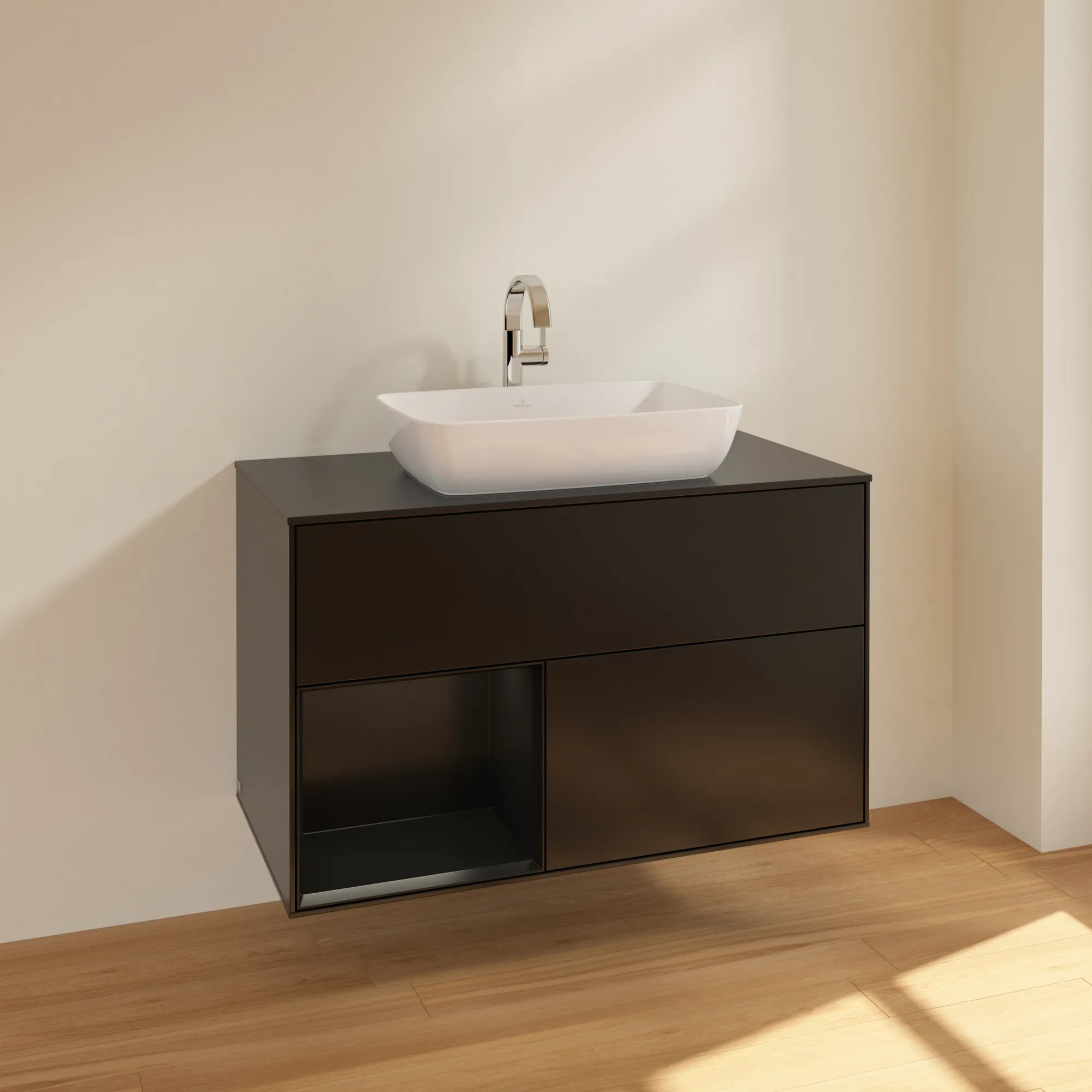 Villeroy & Boch Waschbeckenunterschrank Finion F77, 1000x603x501 mm, Black Matt Lacquer, mit Beleuchtung und SoftClosing Villeroy & Boch Waschbeckenunterschrank Finion F77, 1000x603x501 mm, Black Matt Lacquer, mit Beleuchtung und SoftClosing
