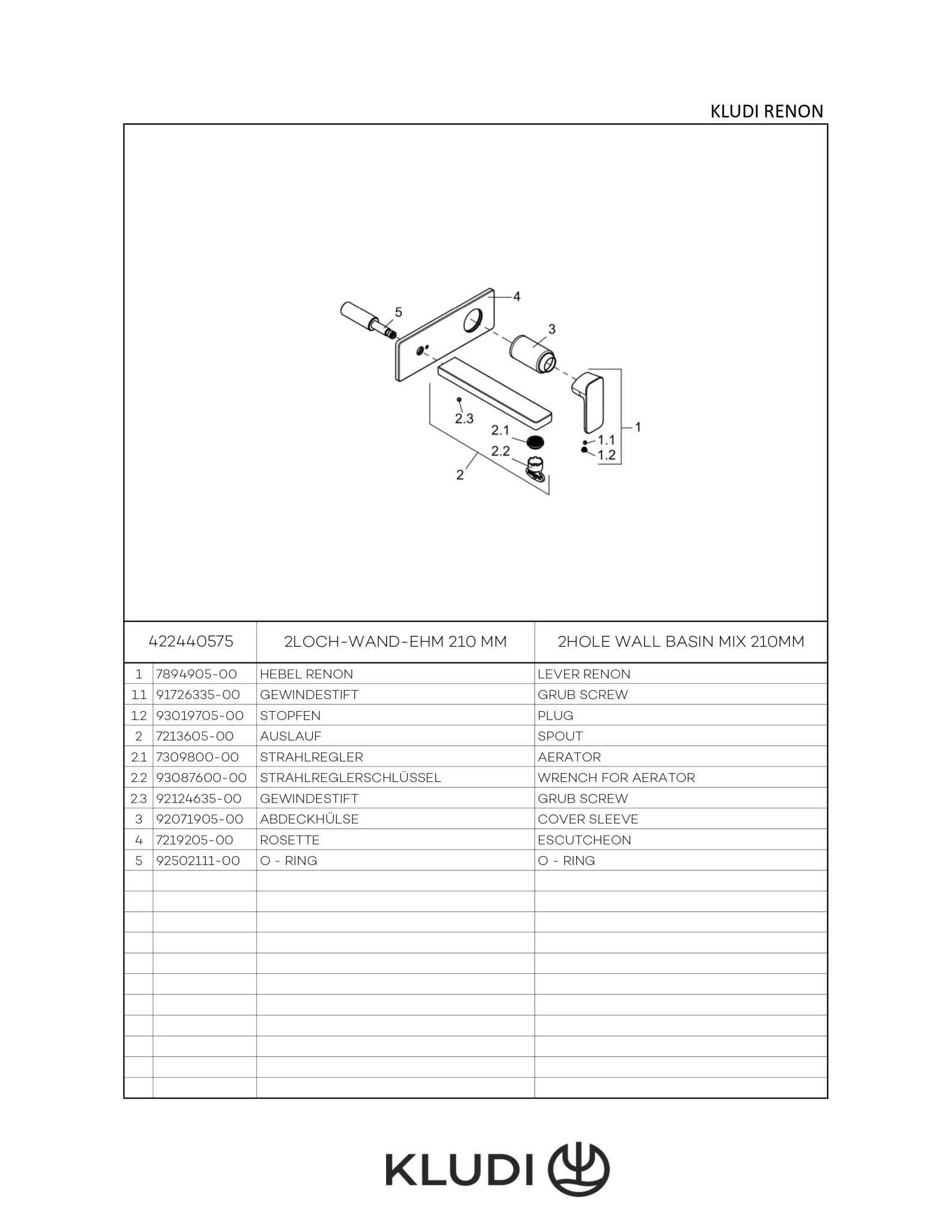 Kludi RENON 2-Loch-Wand-Einhandmischer chrom, Ausladung 210 mm, DN 15, geschlossener Metallhebel mit Strahlregler S-Pointer M24 PCA