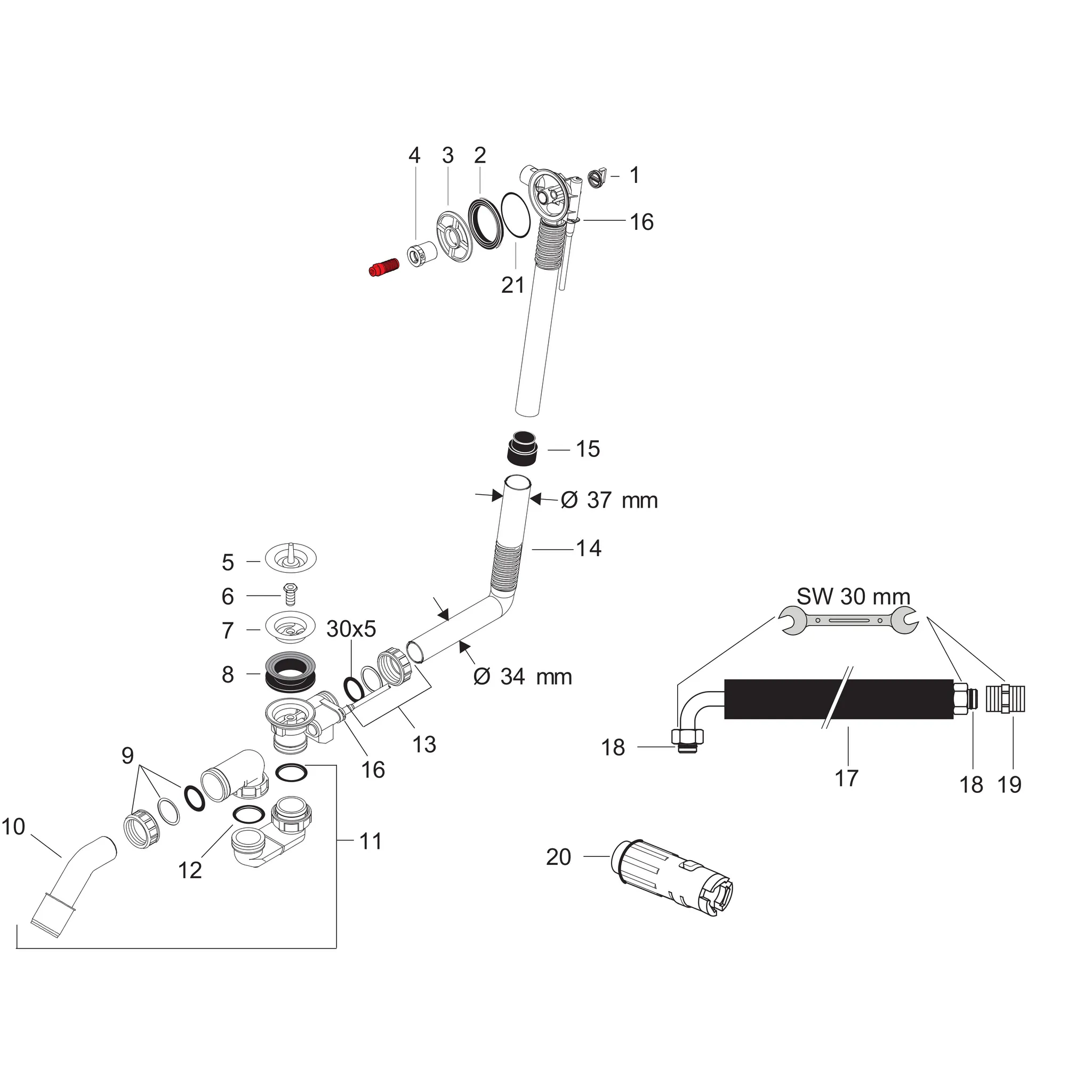 Ein-, Ab- und Überlaufgarnitur Exafill S Grundset für Sonderwannen Ein-, Ab- und Überlaufgarnitur Exafill S Grundset für Sonderwannen
