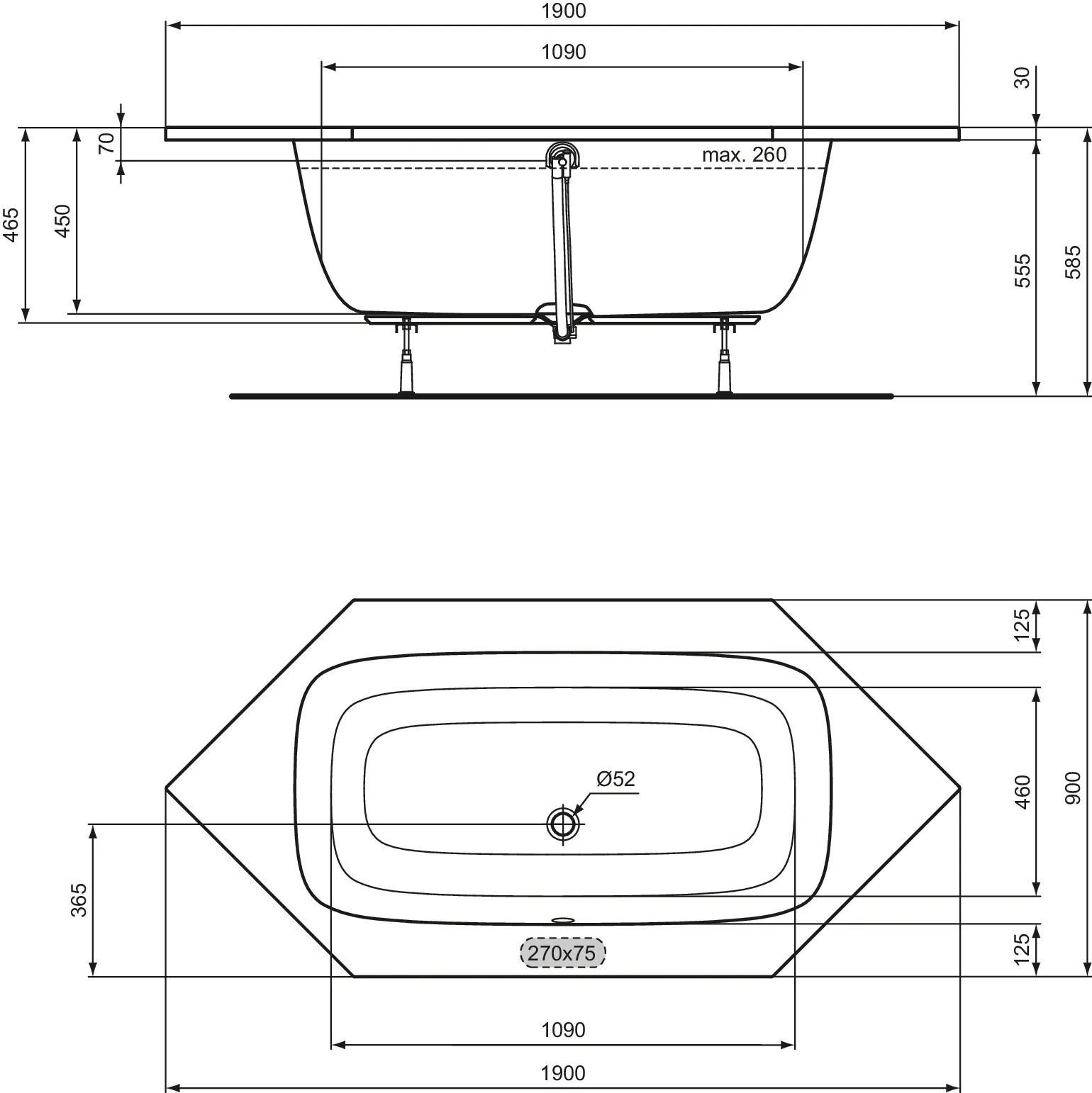 Ideal Standard Badewanne „i.life“ 90 × 190 cm