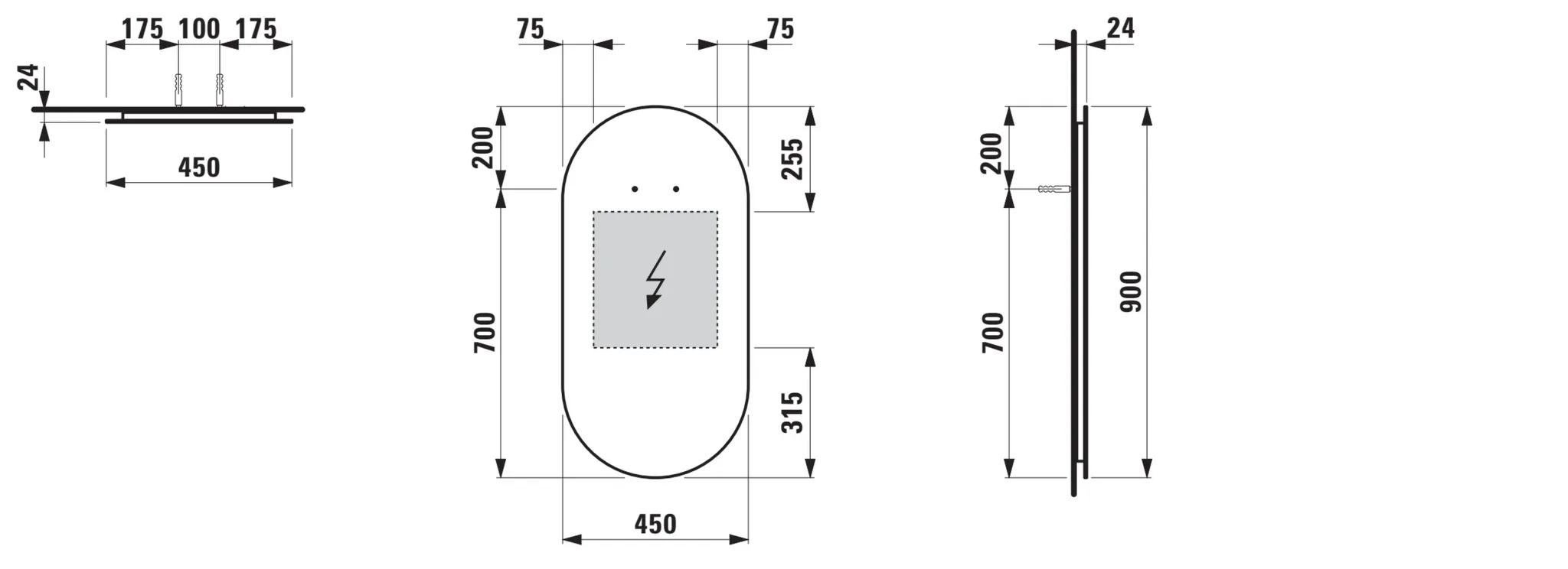 Frame 25 Spiegel 44437.0, oval m. LED-Licht, f. Lichtschalt.,450x25x900