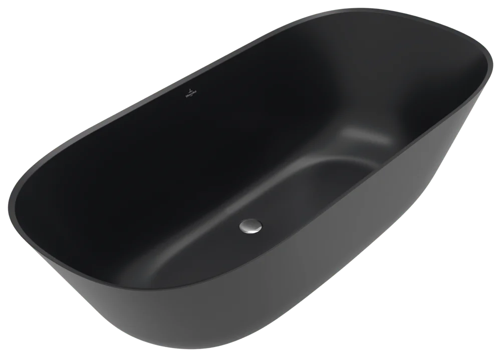 Villeroy & Boch freistehende Badewanne Theano Pure Black, 1750 x 800 mm, Höhe 506 mm, Innentiefe 480 mm, Nutzinhalt 315 Liter, Wasserinhalt 390 Liter, 2 Sitzplätze, CeramicPlus, freistehend, ohne Überlauf, ohne Rutschhemmung, ohne Handgriffe, Mittelablau