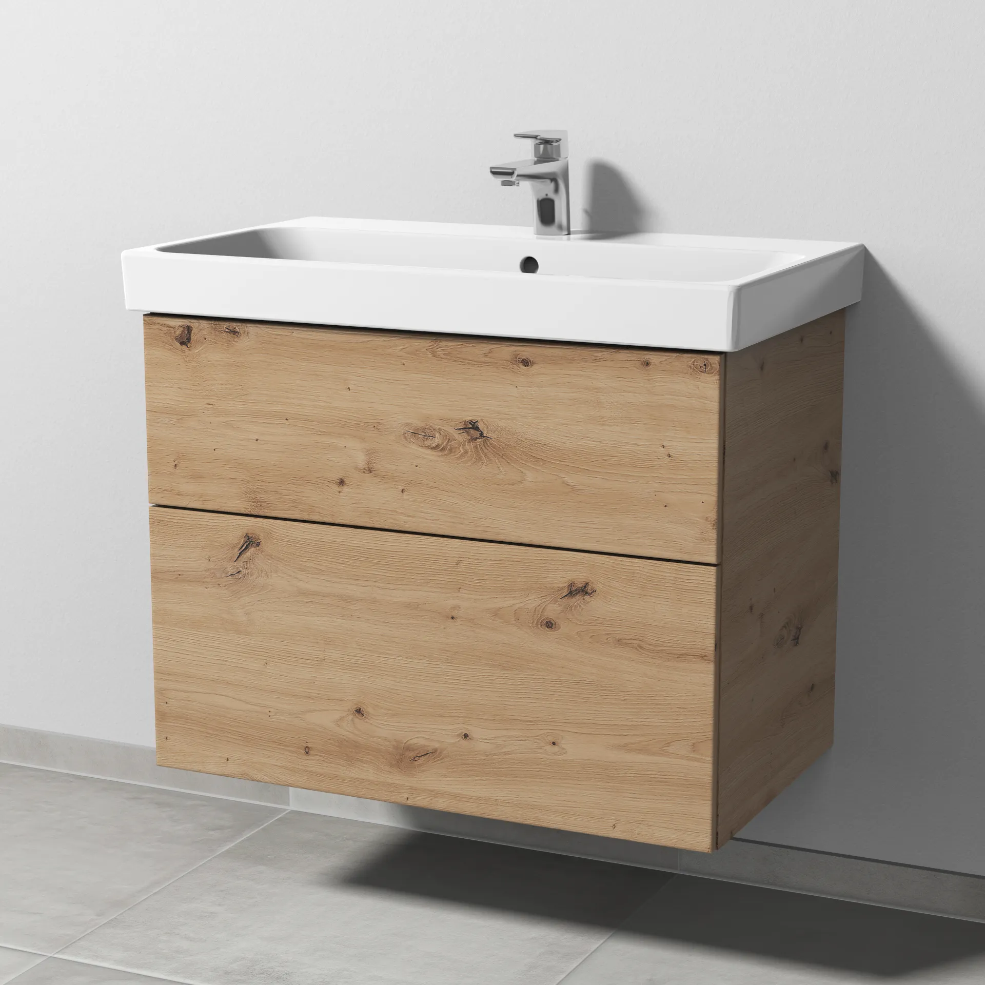 Sanipa Waschtischunterschrank „3way“ 750 × 588 × 453 mm in Eiche Natural-Touch, mit Hahnlochbohrung, Becken mittig