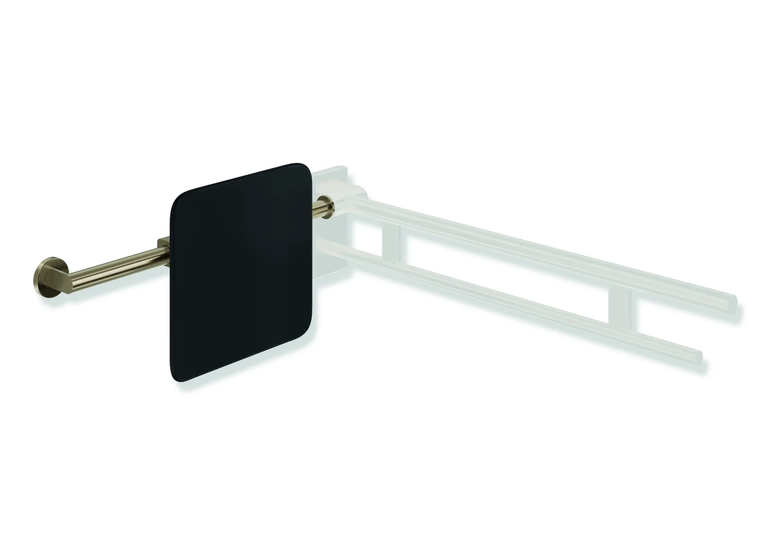 HEWI Rückensstütze System 900, PVD-beschichtet, schwarz, Achsmaß verstellbar 616-716 mm, Tiefe 150 mm, einseitige Wandmontage mit Rosetten und Stützklappgriffen