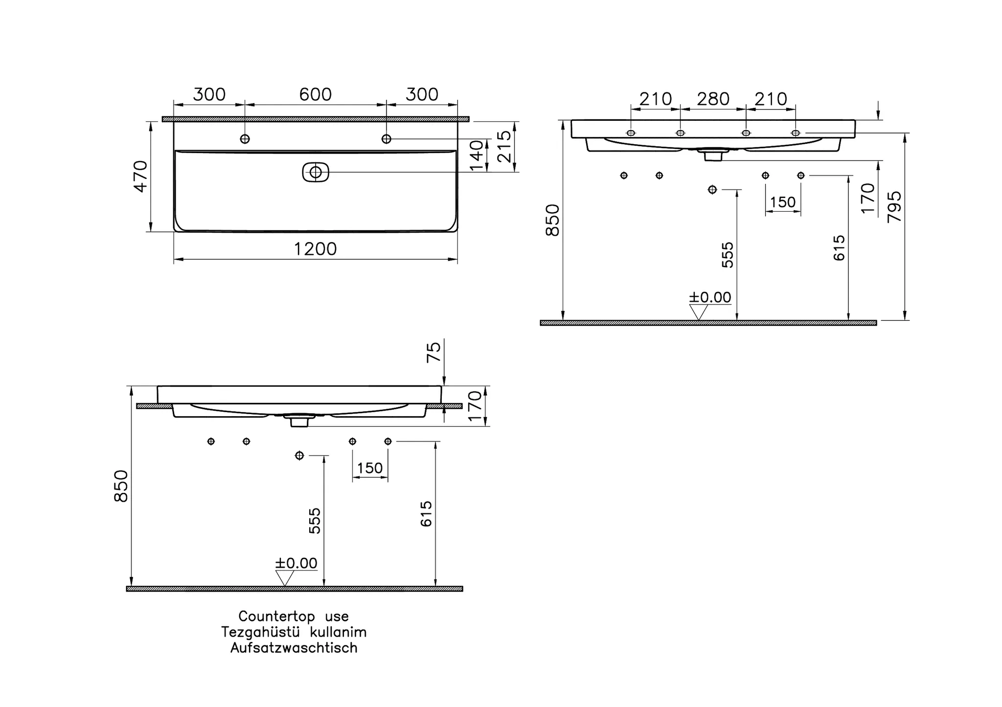 VitrA New Metropole Doppelwaschtisch wandgebunden rechteckig 120 x 47 cm Steingrau Matt