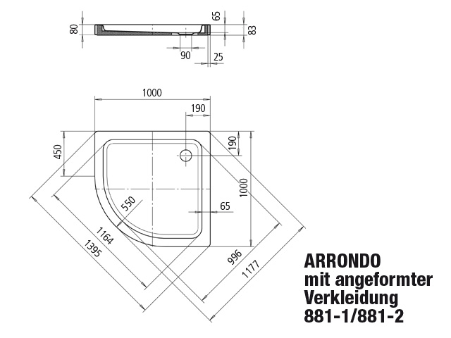 Kaldewei viertelkreis Duschwanne „Arrondo“ 100 × 100 cm in pergamon mit Antislip