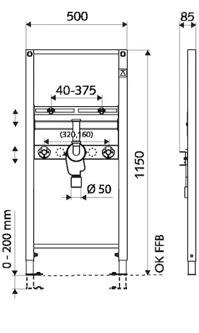 Waschtisch-Modul MONTUS, für Ständerwand- oder Vorwandmontage. Für wandhängende, barrierefreie Waschtische, B 50 cm x H 115 cm, Rahmen pulverbeschichtet