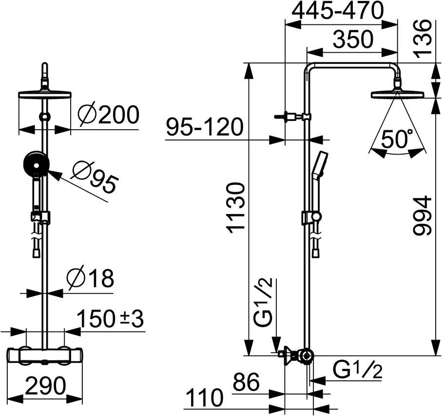 HansaMICRA Regenbrause-Duscharmatur HansaMICRA ECO 4435 3-strahlig DN15 Chrom 9 L/min