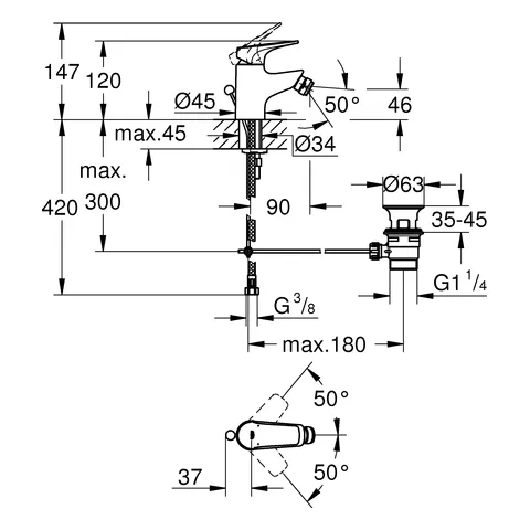 Einhand-Bidetbatterie BauFlow 23754, Einlochmontage, Zugstangen-Ablaufgarnitur 1 1/4'', chrom Einhand-Bidetbatterie BauFlow 23754, Einlochmontage, Zugstangen-Ablaufgarnitur 1 1/4'', chrom