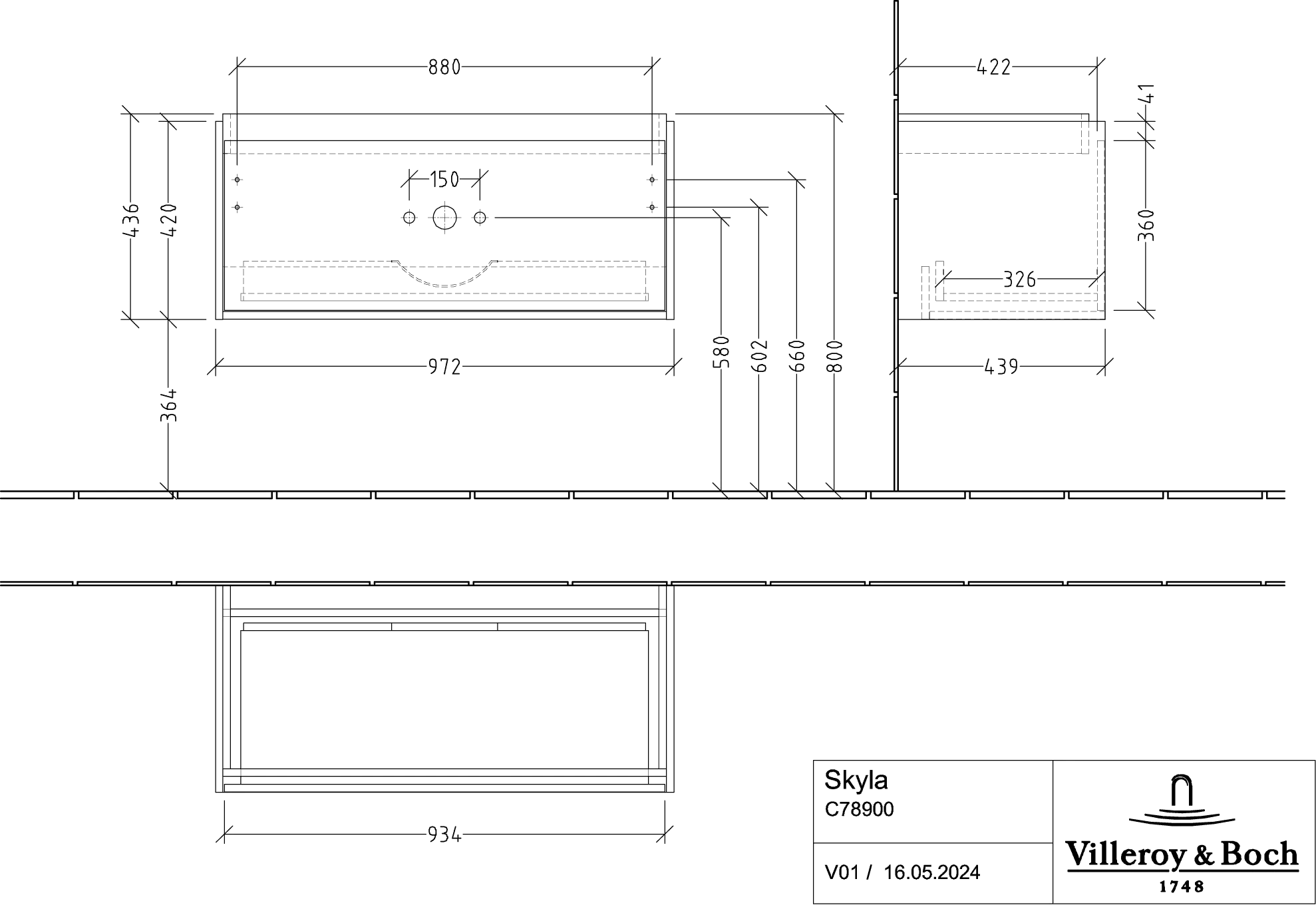 Villeroy & Boch Waschtischunterschrank „Skyla“ 972 × 436 × 439 mm Stone Oak Villeroy & Boch Waschtischunterschrank „Skyla“ 972 × 436 × 439 mm Stone Oak