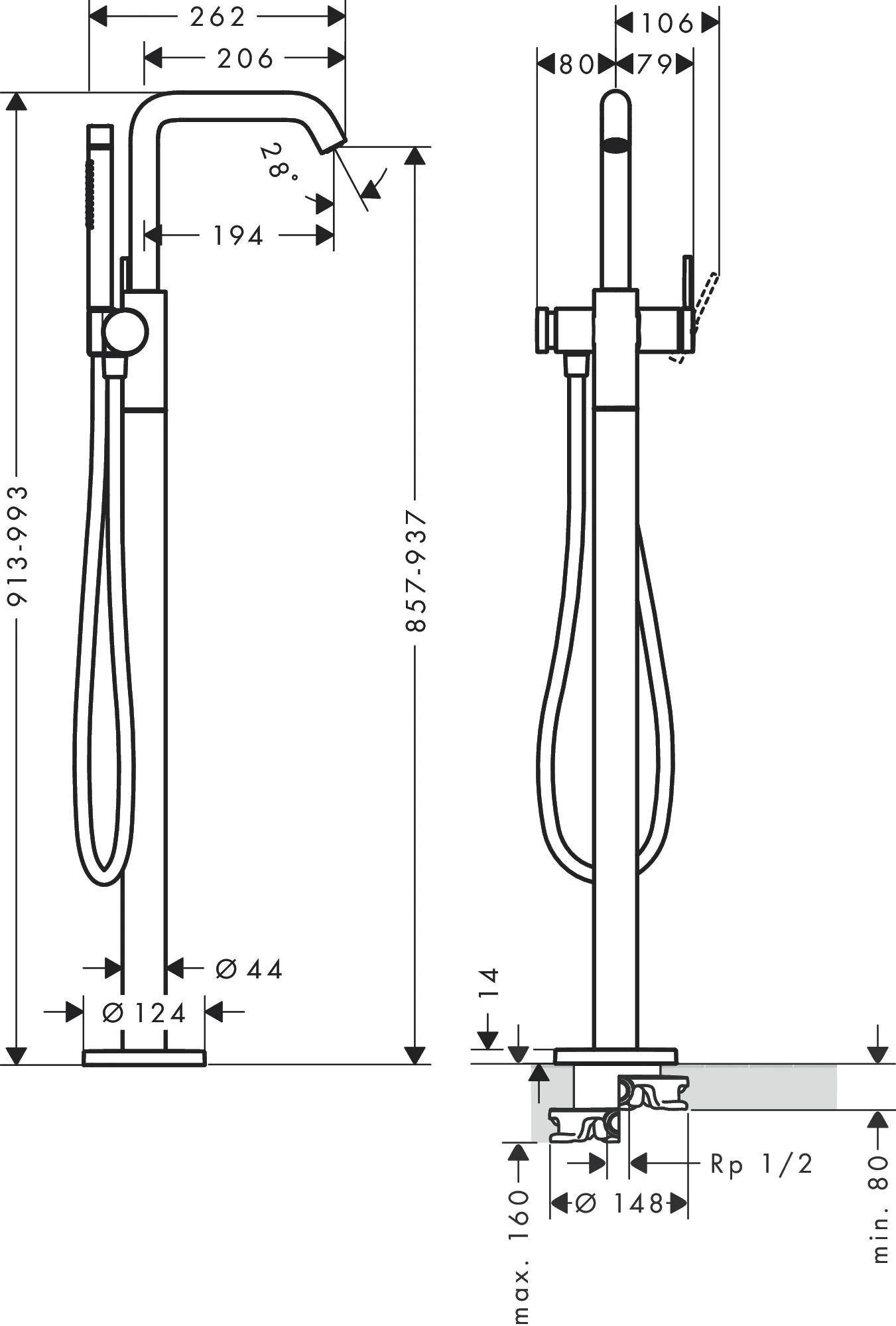 Hansgrohe Tecturis S Einhebel-Wannenmischer bodenstehend Chrom, Ausladung 194 mm, Keramikmischsystem, max. Durchfluss 21 l/min
