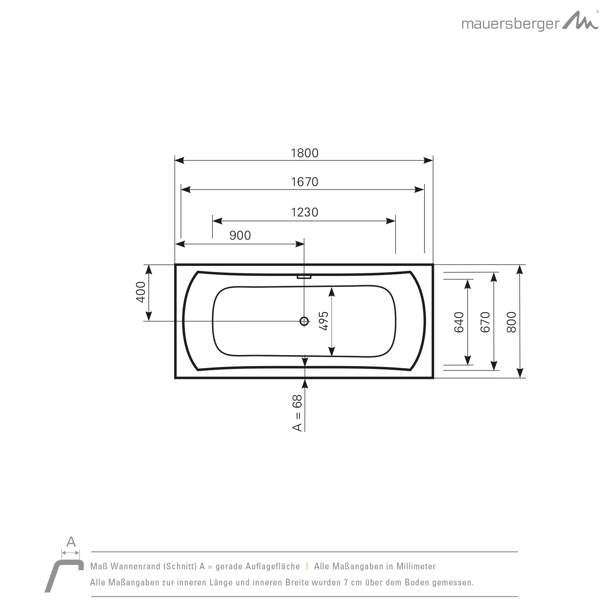 Mauersberger Badewanne „Amos“ 1800 × 800 mm in Weiß