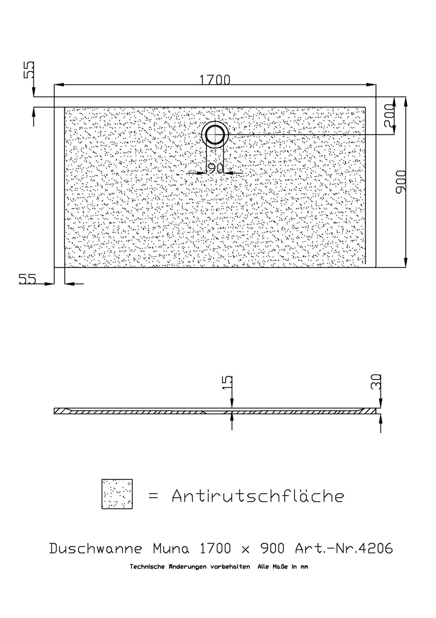 Duschwanne „Muna“ Rechteck 170 × 90 cm in Steingrau