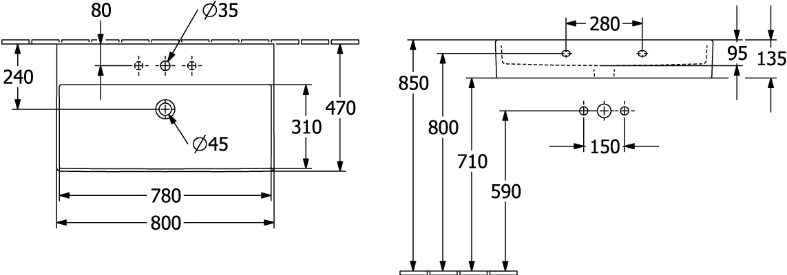 Villeroy & Boch Memento 2.0 Waschbecken, TitanCeram, 800 x 470 mm, Rechteck mit Überlauf, Weiß Alpin