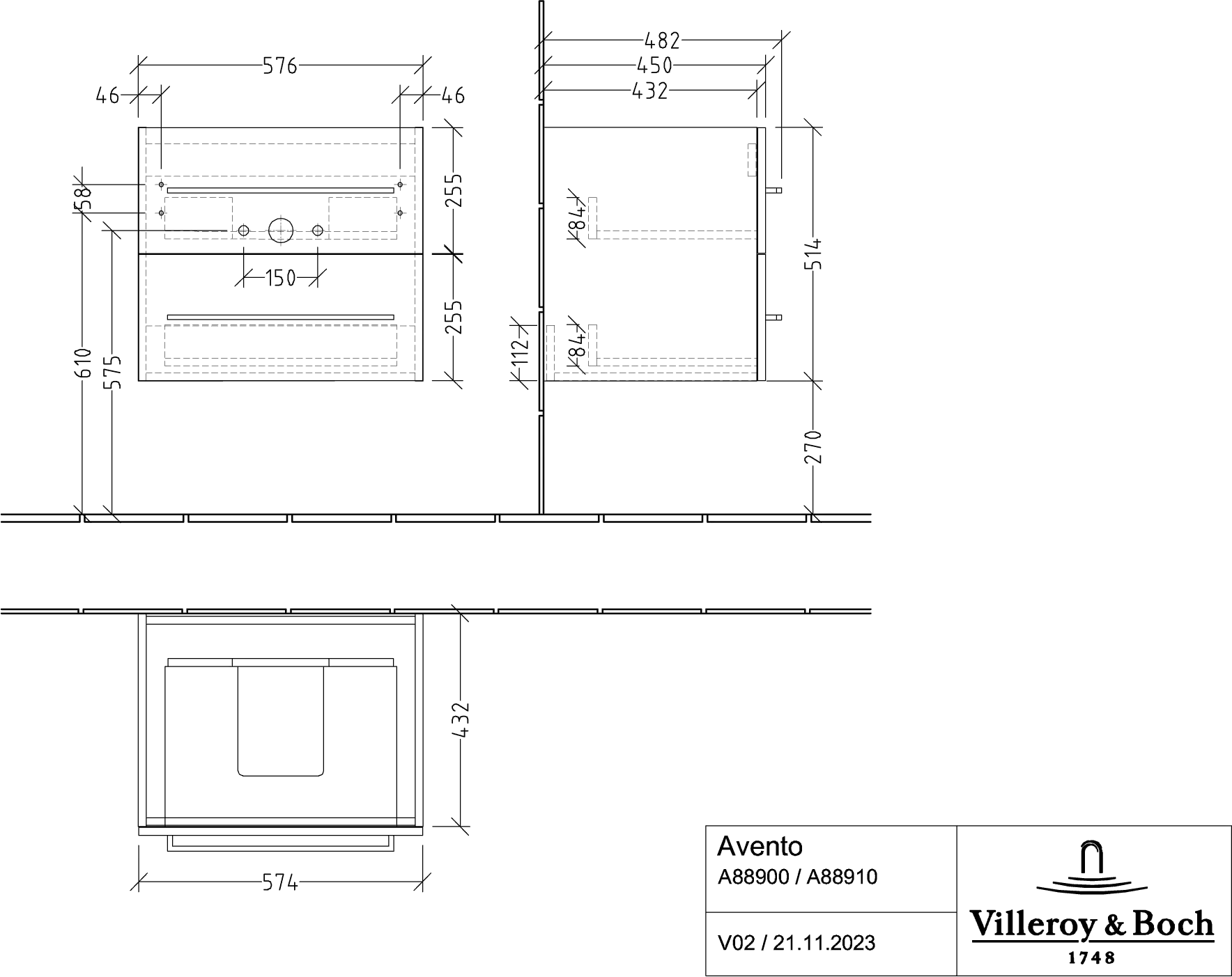 Villeroy & Boch Avento Waschbeckenunterschrank, Kansas Oak, 580 x 514 x 484 mm