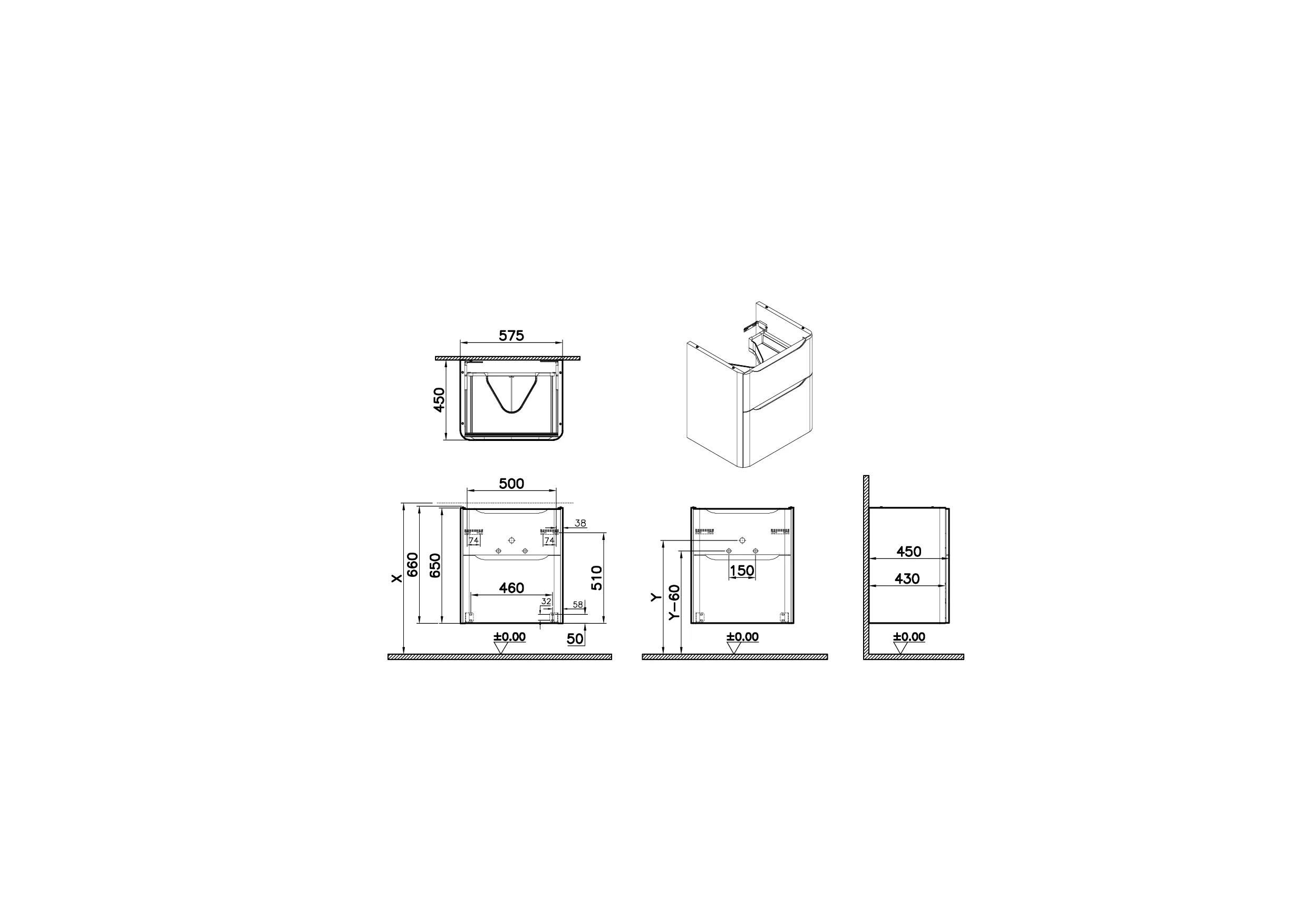 New Integra Round Waschtischunterschrank mit 2 Vollauszügen 57 x 45 x 65 cm (BxTxH) Graphit Matt