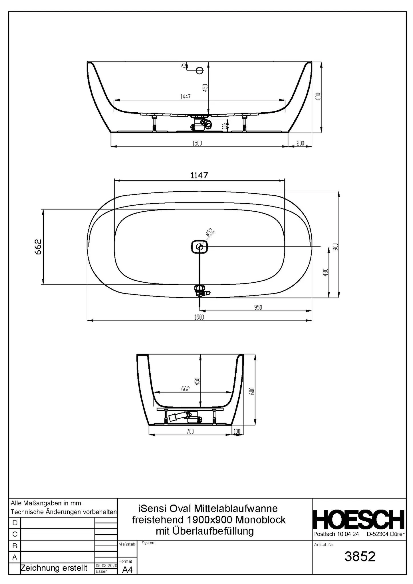 Hoesch iSensi Oval 1900x900 Monolith Badewanne, Chrom/BiColor Weiß-Schiefergrau