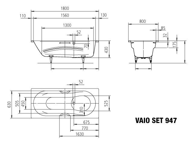 Kaldewei VAIO SET STAR Badewanne, alpinweiß, 1800x800 mm, Vollantislip-Emaillierung, mit integrierten Armlehnen und seitlichem Überlauf