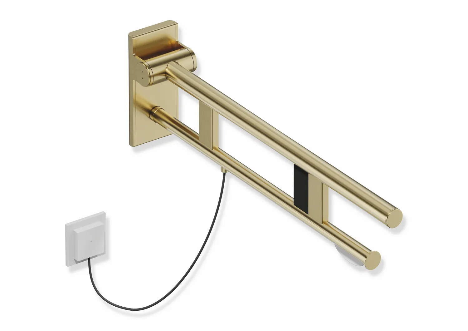Stützklappgriff Duo, Design A des Systems 900, Edelstahl, PVD, Ausladung 700 mm, mit WC-Papierhalter und Spülauslösung (E-Ausführung), Ausführung