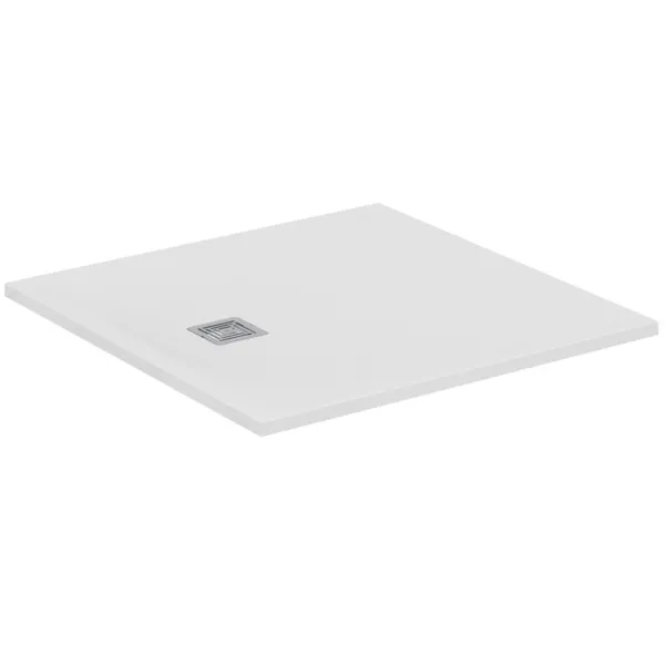 Ideal Standard Quadrat-Brausewanne Ultra Flat S +, Carraraweiß, 1000x1000 mm, Ablauf 25 cm Mitte/Seite, 30 mm Höhe