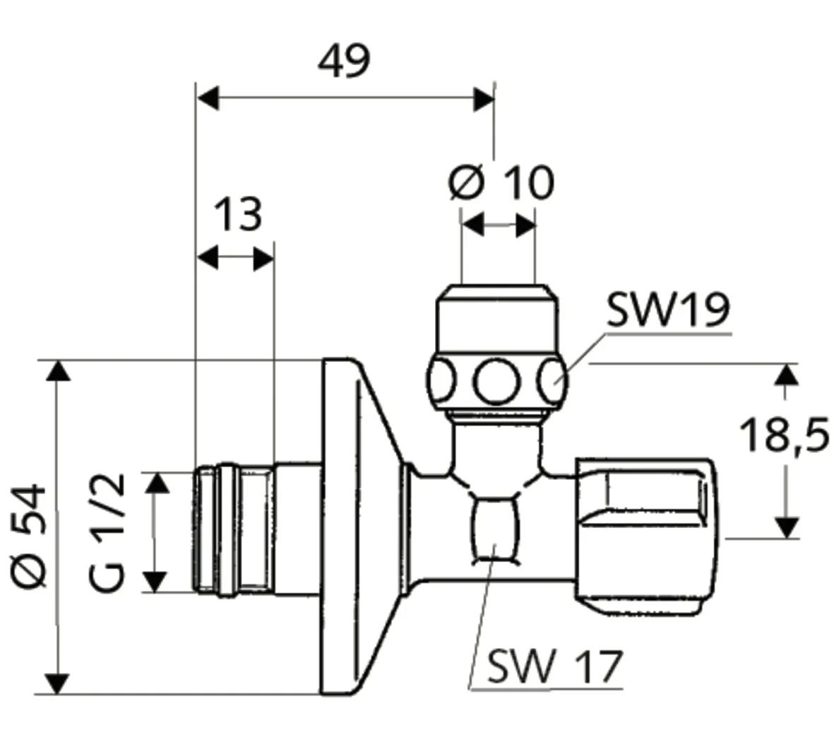 Eckventil mit Regulierfunktion COMFORT, doppelter Rückflussverhinderer RV (EN 1717: ED), COMFORT-Griff, Schubrosette Ø 54 mm, DN 15 G 1/2 AG mit ASAG easy, Ø 10 mm (DN 10 G 3/8 AG), chrom