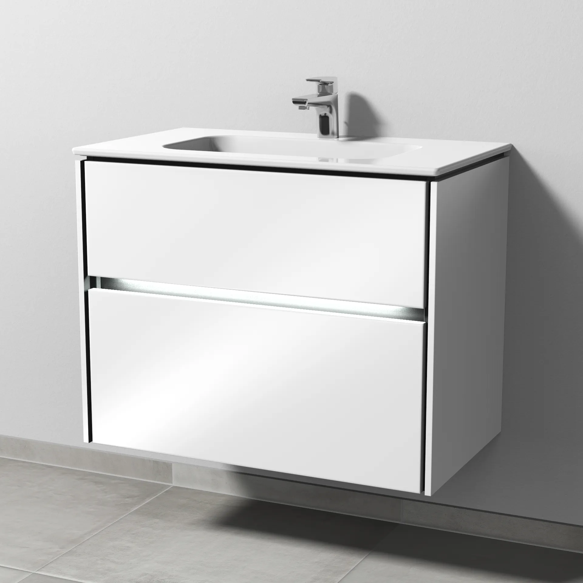 Keramik-Waschtisch-Set mit Waschtischunterschrank „Twiga“ 79 × 46 × 61 cm in Weiß (glanz), mit Hahnlochbohrung, mit Beleuchtung