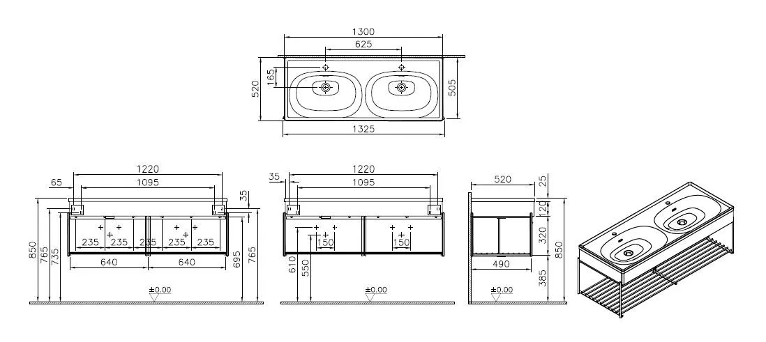 Equal Set Doppelwaschtisch 130 cm mit Holzblende und Ablage 2 Becken 2 Hahnlöcher Schwarz-Eiche