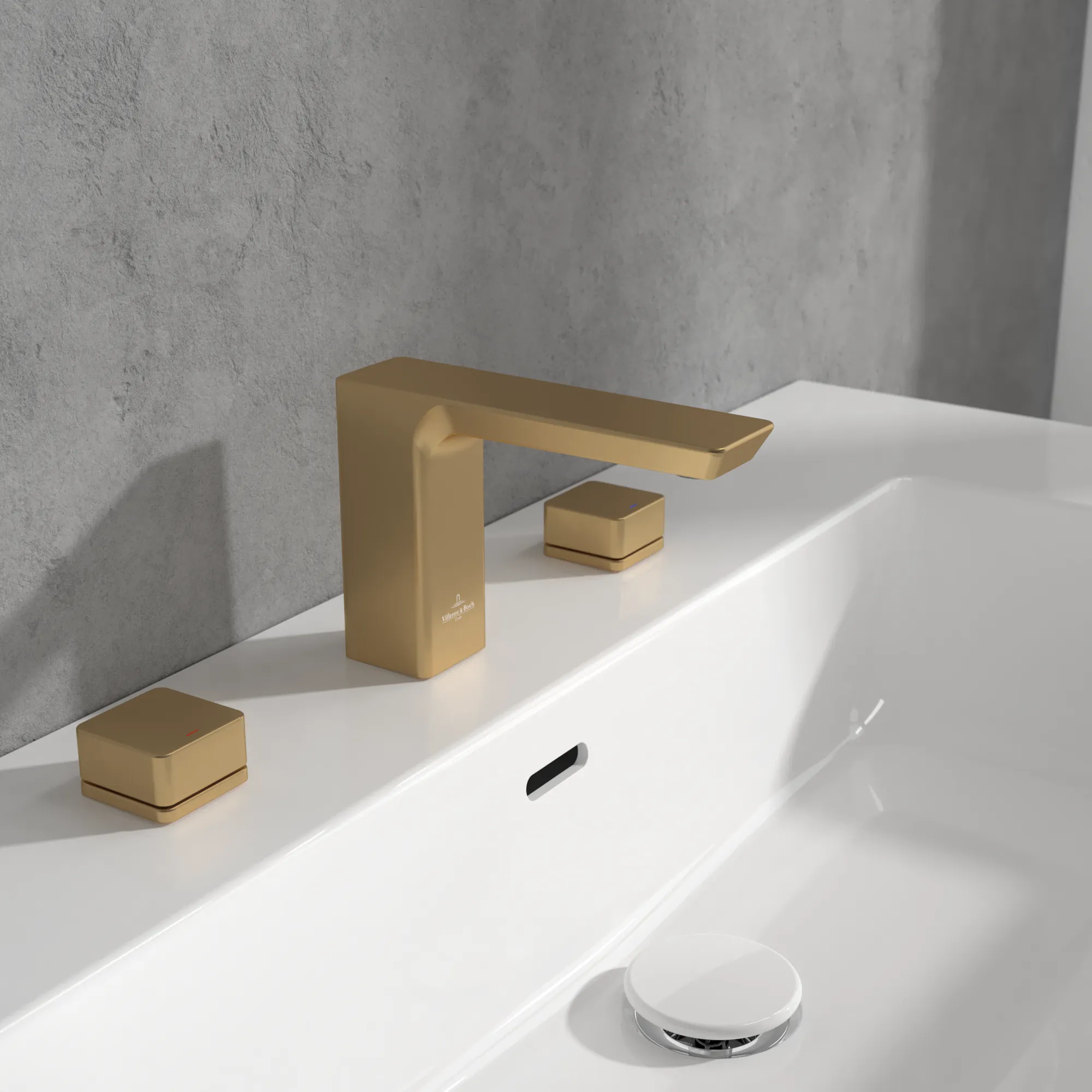 Villeroy & Boch Subway 3.0 Dreiloch-Waschtischarmatur, Brushed Gold, 122 mm Höhe, 43 mm Durchmesser, 345x178x122 mm, verstellbarer Strahlregler