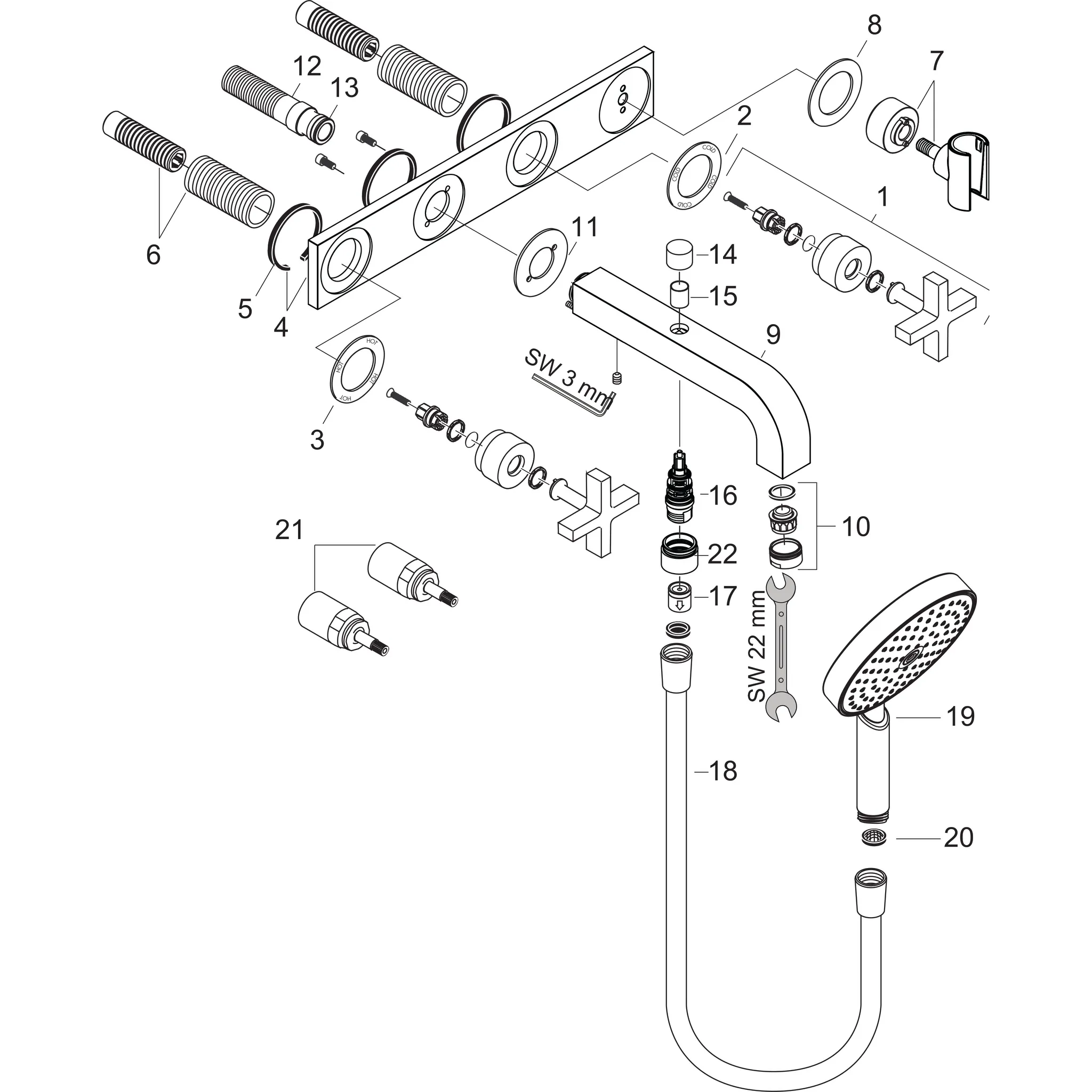 3-L.Wannenarmatur Axor Citterio F-Set Wand m.Kreuzgriff/Platte/Handbr.chrom