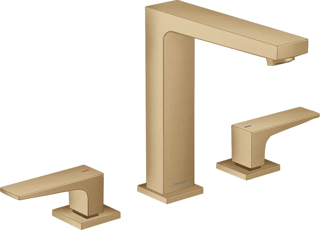 Hansgrohe Metropol 3-Loch Waschtischarmatur 160 mit Hebelgriffen und Push-Open Ablaufgarnitur in Brushed Bronze, Ausladung 152 mm, Auslaufhöhe 159 mm