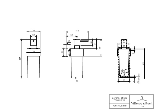 Villeroy & Boch Seifenspender „Elements-Striking“, Befestigung verdeckt 12,1 × 7 × 20,7 × ⌀ 7 cm in chrom