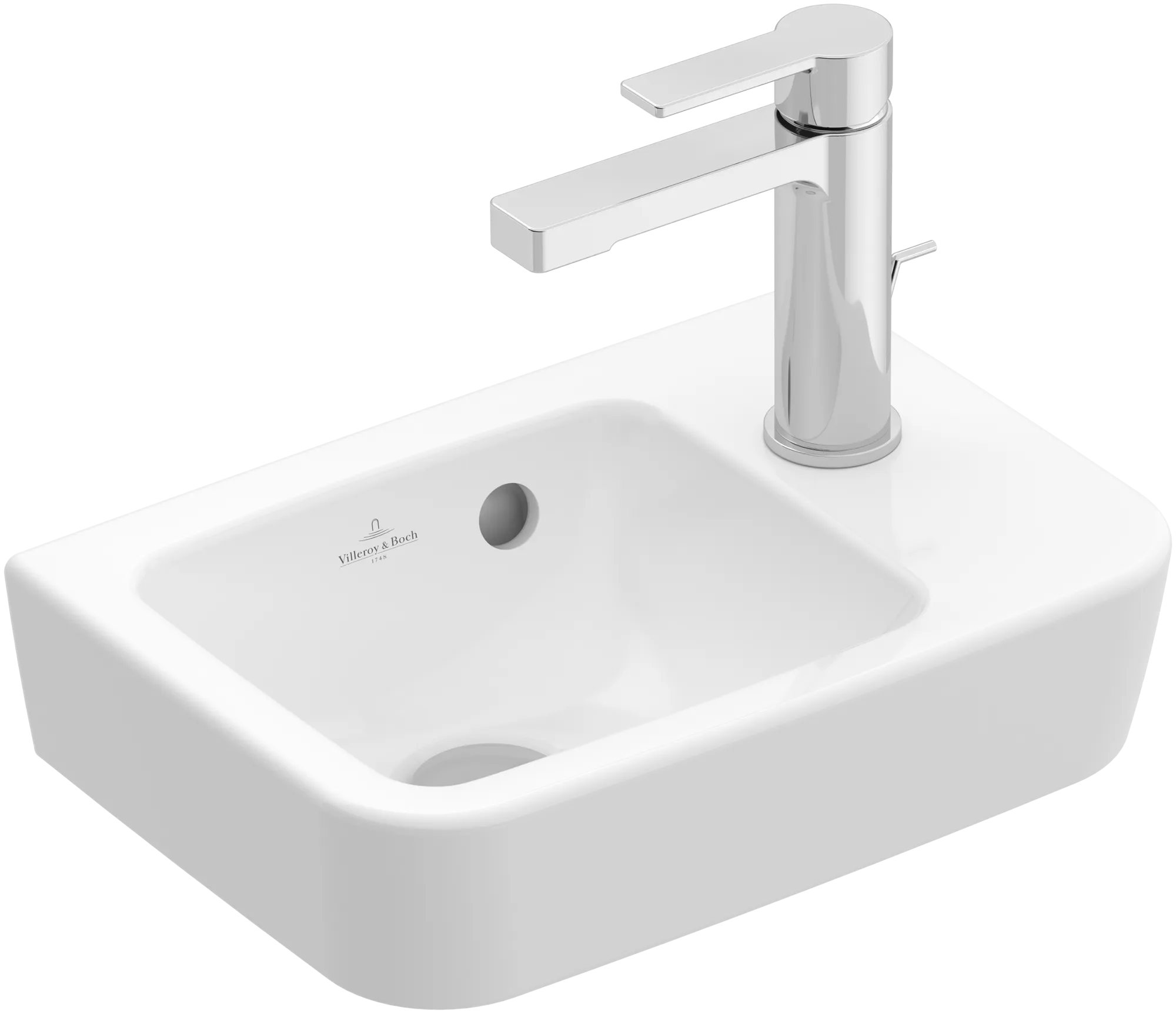 Villeroy & Boch Handwaschbecken „O.novo“ Compact 360 × 250 × 145 mm, Hahnlochposition rechts, für Becken links, mit Hahnlochbohrung in Weiß Alpin Villeroy & Boch Handwaschbecken „O.novo“ Compact 360 × 250 × 145 mm, Hahnlochposition rechts, für Becken links, mit Hahnlochbohrung in Weiß Alpin